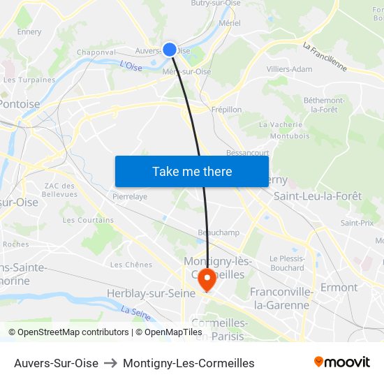 Auvers-Sur-Oise to Montigny-Les-Cormeilles map