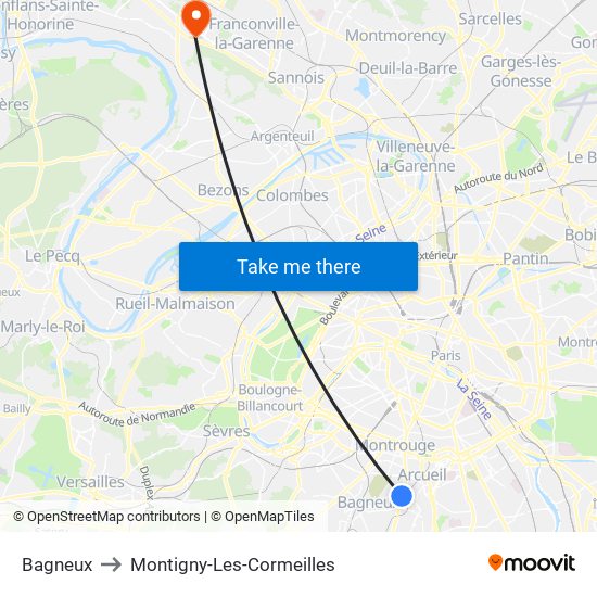 Bagneux to Montigny-Les-Cormeilles map