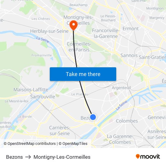 Bezons to Montigny-Les-Cormeilles map