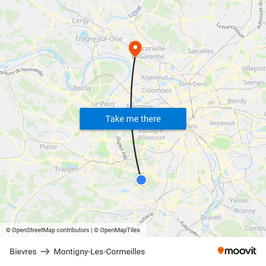 Bievres to Montigny-Les-Cormeilles map
