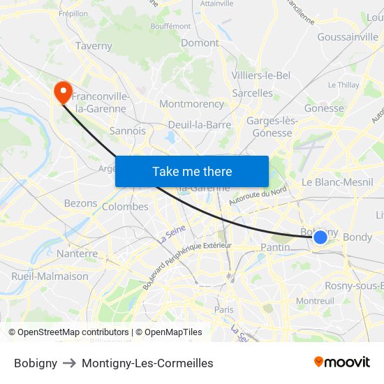Bobigny to Montigny-Les-Cormeilles map
