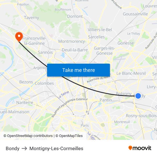 Bondy to Montigny-Les-Cormeilles map