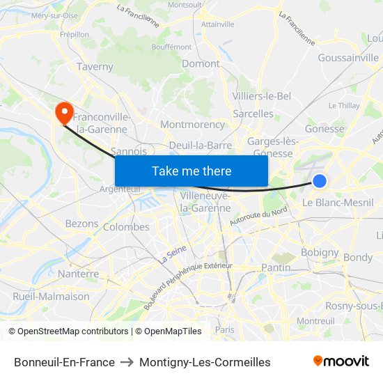 Bonneuil-En-France to Montigny-Les-Cormeilles map
