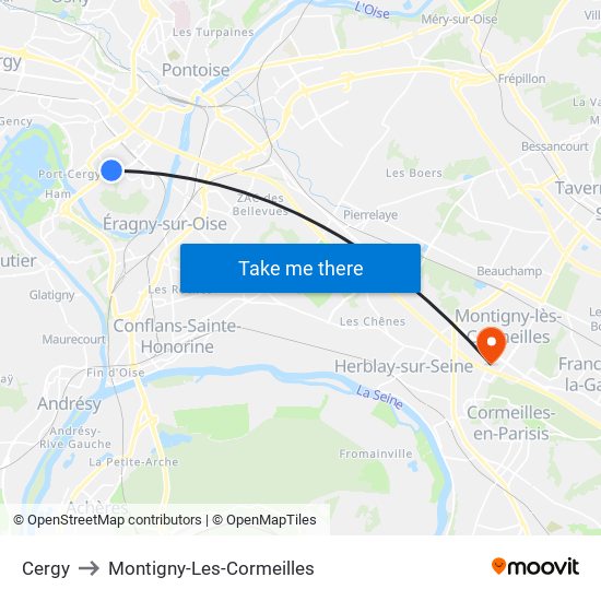 Cergy to Montigny-Les-Cormeilles map