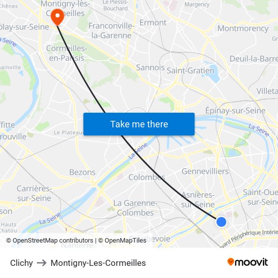 Clichy to Montigny-Les-Cormeilles map