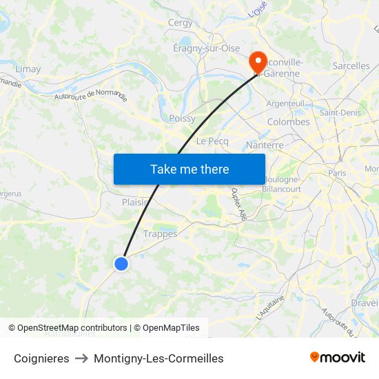 Coignieres to Montigny-Les-Cormeilles map