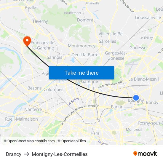 Drancy to Montigny-Les-Cormeilles map