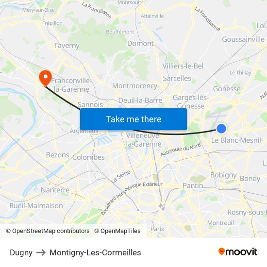 Dugny to Montigny-Les-Cormeilles map