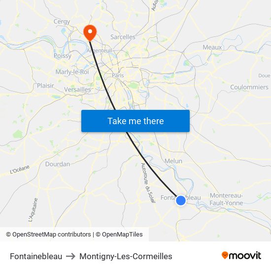 Fontainebleau to Montigny-Les-Cormeilles map