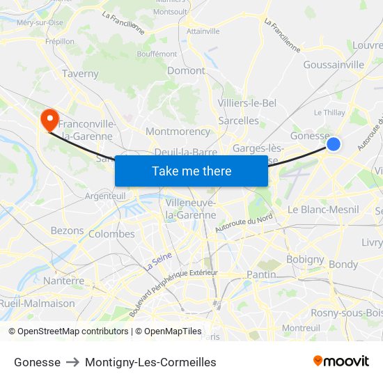 Gonesse to Montigny-Les-Cormeilles map