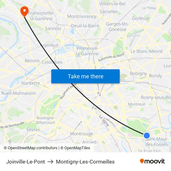 Joinville-Le-Pont to Montigny-Les-Cormeilles map