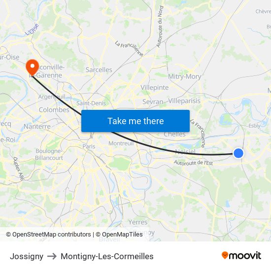 Jossigny to Montigny-Les-Cormeilles map