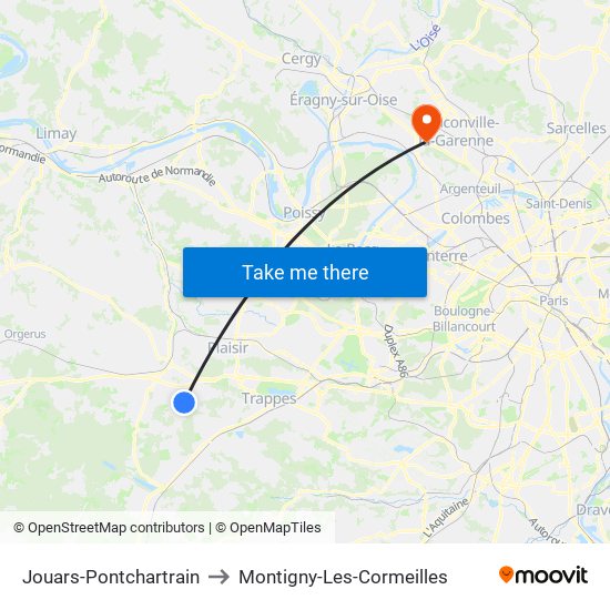 Jouars-Pontchartrain to Montigny-Les-Cormeilles map
