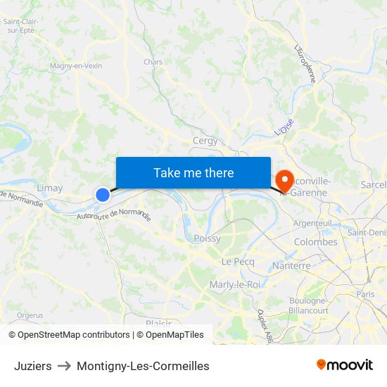 Juziers to Montigny-Les-Cormeilles map