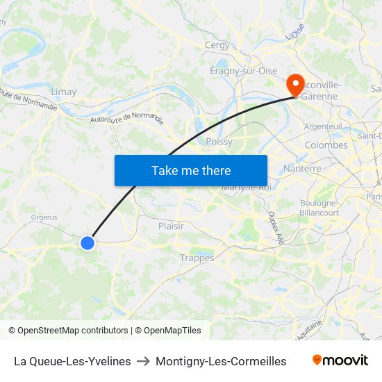 La Queue-Les-Yvelines to Montigny-Les-Cormeilles map