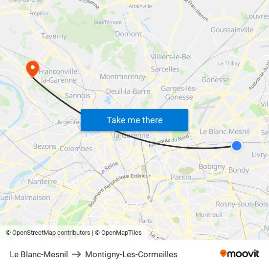 Le Blanc-Mesnil to Montigny-Les-Cormeilles map