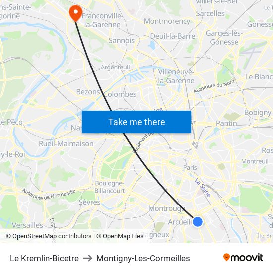 Le Kremlin-Bicetre to Montigny-Les-Cormeilles map