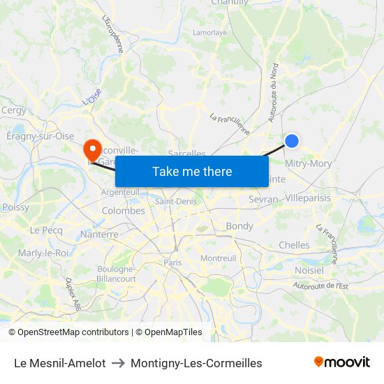 Le Mesnil-Amelot to Montigny-Les-Cormeilles map