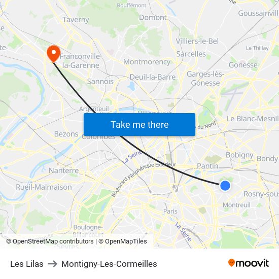 Les Lilas to Montigny-Les-Cormeilles map
