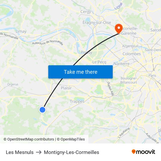 Les Mesnuls to Montigny-Les-Cormeilles map