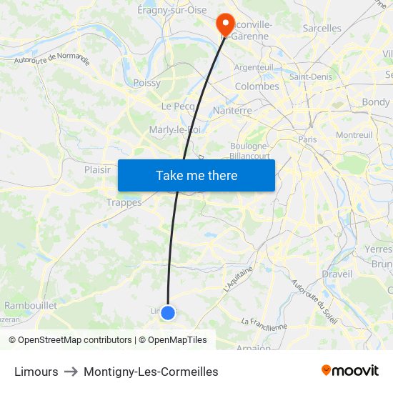 Limours to Montigny-Les-Cormeilles map