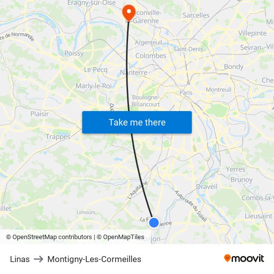 Linas to Montigny-Les-Cormeilles map