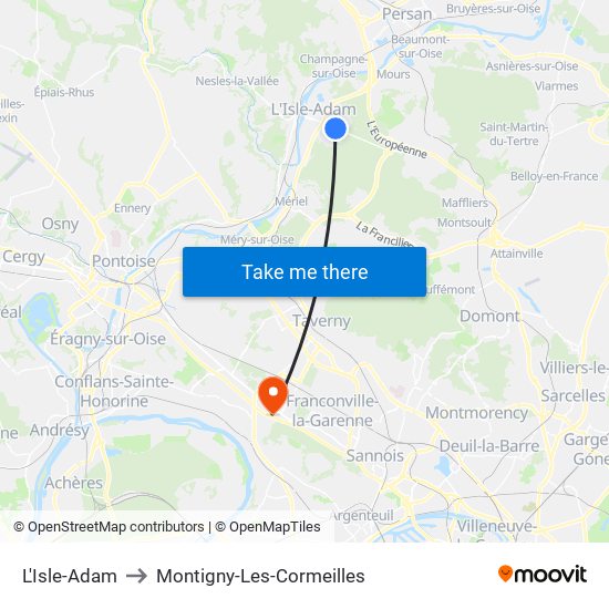 L'Isle-Adam to Montigny-Les-Cormeilles map