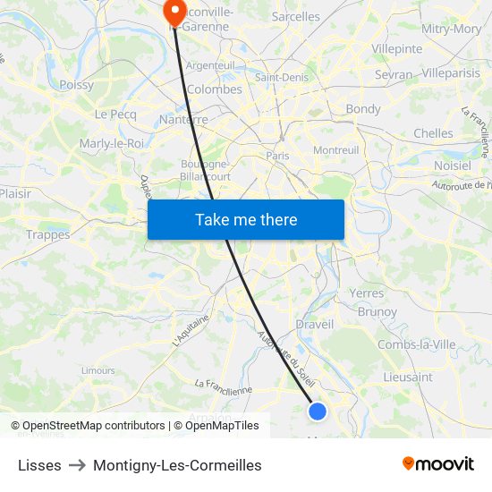 Lisses to Montigny-Les-Cormeilles map