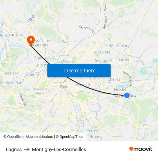 Lognes to Montigny-Les-Cormeilles map