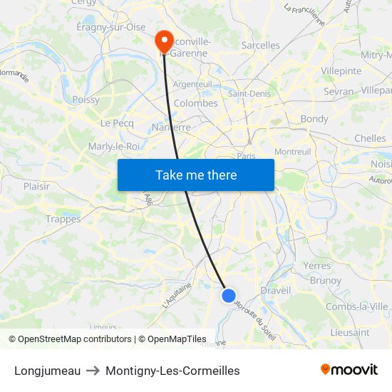 Longjumeau to Montigny-Les-Cormeilles map