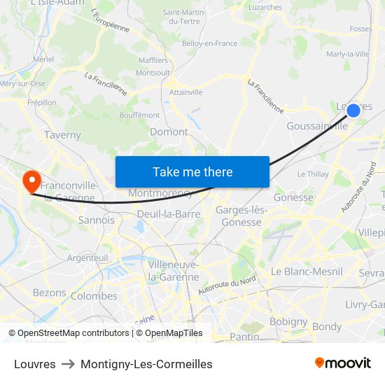 Louvres to Montigny-Les-Cormeilles map