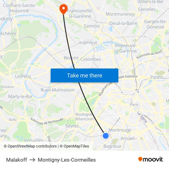 Malakoff to Montigny-Les-Cormeilles map