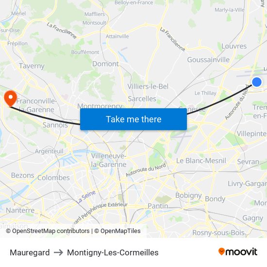Mauregard to Montigny-Les-Cormeilles map