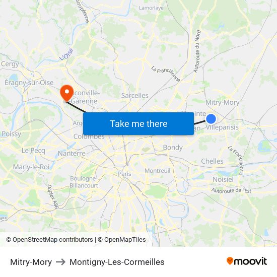Mitry-Mory to Montigny-Les-Cormeilles map