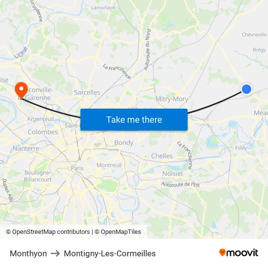 Monthyon to Montigny-Les-Cormeilles map