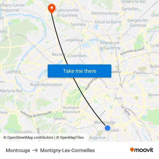 Montrouge to Montigny-Les-Cormeilles map