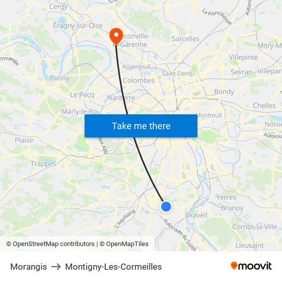 Morangis to Montigny-Les-Cormeilles map