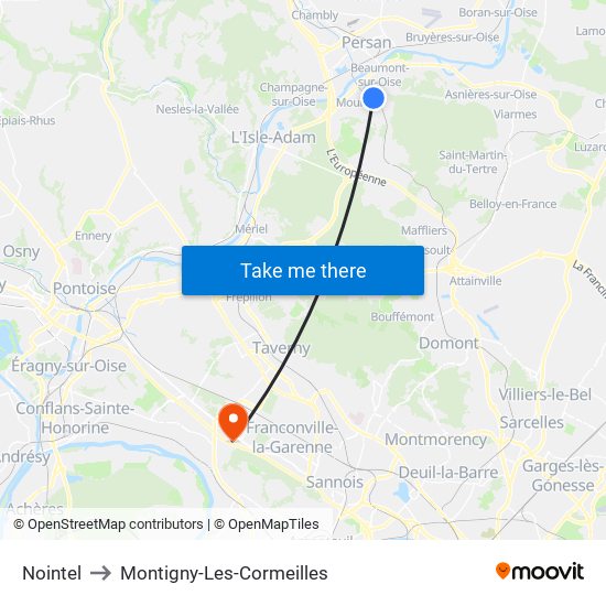 Nointel to Montigny-Les-Cormeilles map