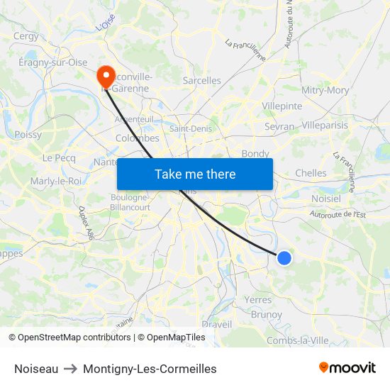 Noiseau to Montigny-Les-Cormeilles map