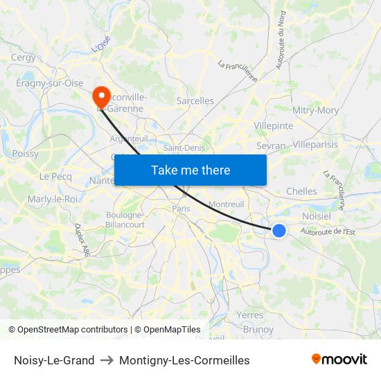Noisy-Le-Grand to Montigny-Les-Cormeilles map