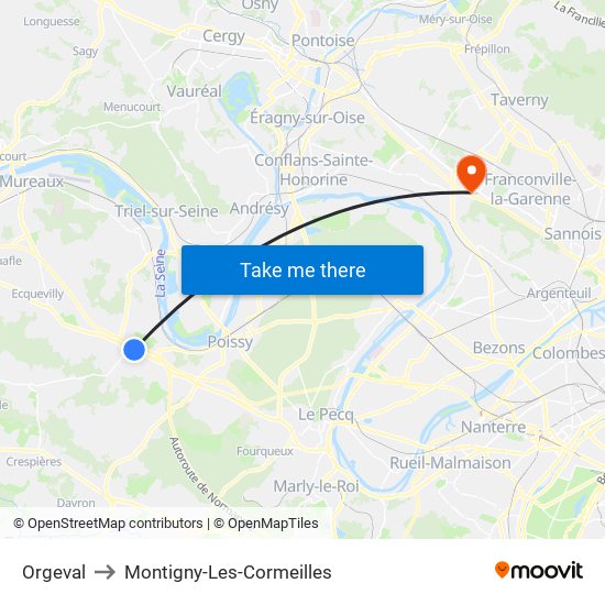 Orgeval to Montigny-Les-Cormeilles map
