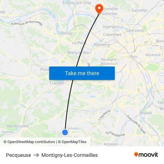 Pecqueuse to Montigny-Les-Cormeilles map
