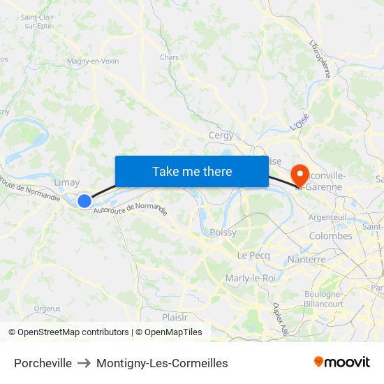 Porcheville to Montigny-Les-Cormeilles map