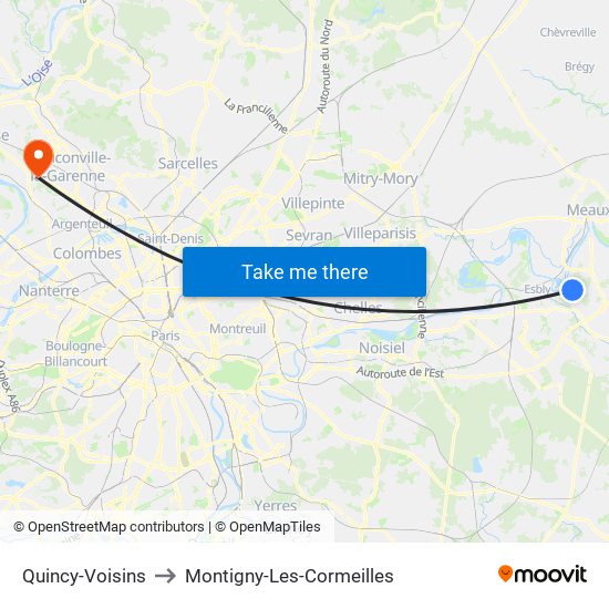 Quincy-Voisins to Montigny-Les-Cormeilles map