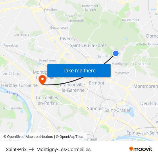 Saint-Prix to Montigny-Les-Cormeilles map