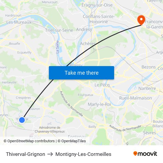 Thiverval-Grignon to Montigny-Les-Cormeilles map