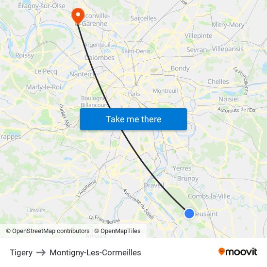 Tigery to Montigny-Les-Cormeilles map