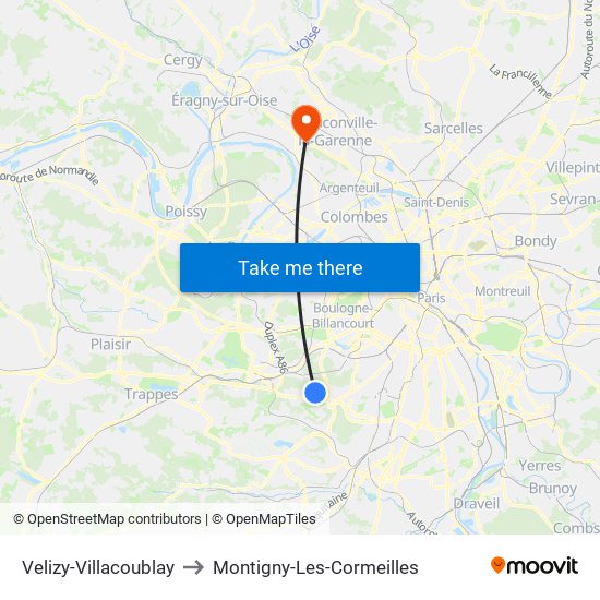 Velizy-Villacoublay to Montigny-Les-Cormeilles map