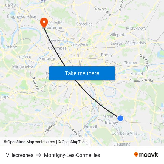 Villecresnes to Montigny-Les-Cormeilles map