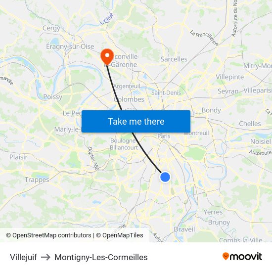 Villejuif to Montigny-Les-Cormeilles map